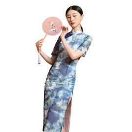 ROYAL SMEELA Blue Cheongsam Women's Print Cheongsam Qipao Chinese Dress For Women Short Sleeve Cheongsam Dress Stand-Up Collar Chinese Style Qipao Dresses Traditional Floral Print Party Dress Evening