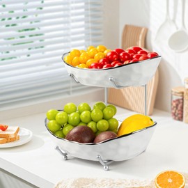 OdoVow 2 Tier Ceramic Fruit Basket, Fruit Bowl for Kitchen Counter, Tiered Fruit Basket for Countertop, Modern Multi Large Capacity Serving Holder for Party Dessert, Snack(Silver&White)