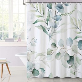 Uiiooazy Green Leaves Shower Curtain, Eucalyptus Leaf Plants Pattern, Shower Curtains, Anti-Mould, Waterproof, Polyester Fabric, Washable, Bathroom Curtain with 12 Hooks, 240 W x 180 L cm