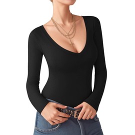 Lotofun Women's V Neck Long Sleeve Bodysuit Basic Shirts Going Out Tops
