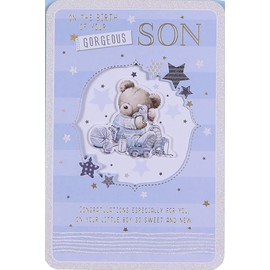 prelude New Baby Boy Card ~ Congratulations On The Birth Of Your Gorgeous Son ~ Lovely Quality New Baby Bear & Balloons Card.