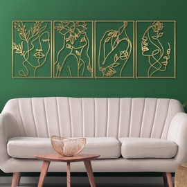 Glamativity 4 Pack Gold Wall Art Decor, Female Flower Face Lover Minimalist Décor Single Line Art Wall Décor, for Kitchen Bedroom Living Room (Gold Floral Lady Style, L Size 22.5x15.7'')