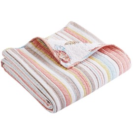 Levtex Home - Brighton Coral - Quilted Throw - 50x60in. - Striped Costal - Coral, Blue, Green, White, Grey - Reversible Pattern - Cotton Fabric