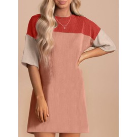 Acelitt Womens Casual Summer Dress 2024 Fashion Color Block Crewneck Short Sleeve Loose Vacation Beach Ribbed Shift T Shirts Mini Dresses Red Large