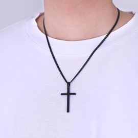 Fiusem Black Necklace for Man, Cross Necklaces with 3.5mm Chain and Stainless Steel Cross Pendant Medium, Cuban Chain 22 Inches