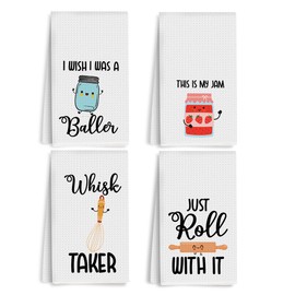 XFN 4Pcs Funny Kitchen Towels 24x14 Inch, Cute Kitchen Utensils Waffle Weave Hand Towels for Home Farmhouse, White Absorbent Microfiber Dish Cloth Tea Towel, Housewarming Gifts for Women Mom 1