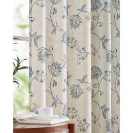 jinchan Linen Curtains Floral Curtain 84 Inch Length for Living Room Bedroom Light Filtering Rod Pocket Back Tab Jacobean Curtains Flax Linen Texture Window Drapes Set 2 Panels Blue on Linen