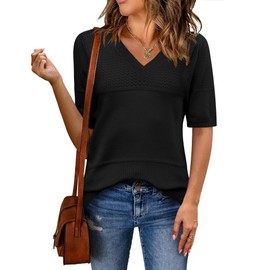 Zeagoo Womens 2025 Casual Short Sleeve Sweater V Neck Lightweight Crochet Pullover Summer Tops Work Shirts Black XL