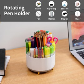 Marbrasse Desk Organiser, 360 Degree Rotating Pen Holder for Desk Accessories with 5 Compartments, Pen Organiser, Pen Storage Box for Office, Home (White and Grey Mix)