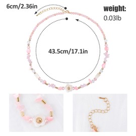 Pink Flower Pendant Beaded Choker Necklace for Women Bohemian Crystal Natural Chip Stone Necklace Delicate Small Flower Charm Adjustable Statement Necklace Spring Summer Vacation Party Jewelry Gift