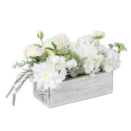 MyGift Artificial White Hydrangea Flowers and Champagne Roses in Whitewashed Solid Wood Box Planter, Faux Floral Bouquet Arrangement Farmhouse Table Centerpiece Home Decor
