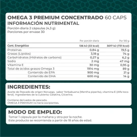 PRONAT Omega 3 Premium Concentrado (60 Cápsulas) - Suplemento Alimenticio con 900 mg de EPA, 600 mg de DHA y Vitamina E.