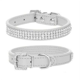 Avenpets Soft Leather Dog Collar Rhinestone Crystal Dog Collar for Small Medium Dogs Cats Daily Party Show, White, M:12-15"(31-38cm) Neck
