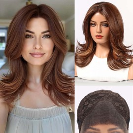 Starluck Wig for Women Lace Front Wigs Synthetic Wigs for Women 18-Inch Shoulder Length Layered Natural Wavy Ombre Red Brown