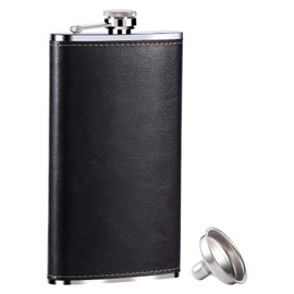 GENNISSY 10oz Whiskey Flask for Men - Stainless Steel Hip Flask with Black Leather, Leakproof with Funnel & Never Lose Cap, Gift for Men(Groomsmen, Camping, Wedding)