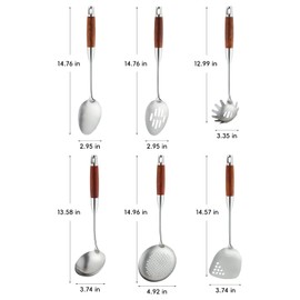 Stainless Steel Kitchen Utensils Set with Wood Handle, 18/10 Metal Cooking Utensils Set, 6-Piece - Spatula, Spoon, Ladle, Skimmer, Slotted Spoon, Pasta Server (Dishwasher Safe)