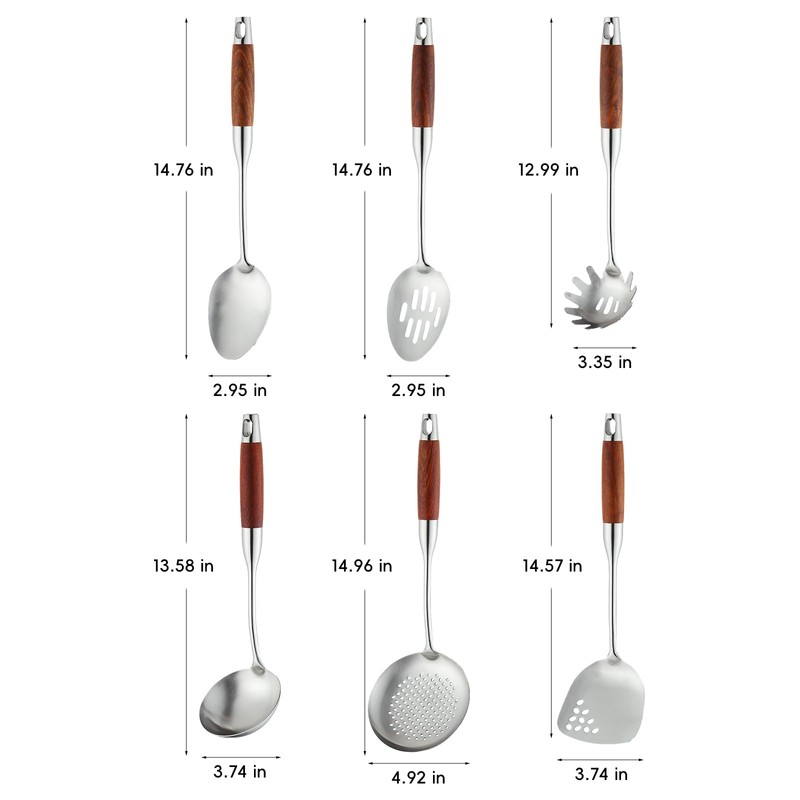 Stainless Steel Kitchen Utensils Set with Wood Handle, 18/10 Metal