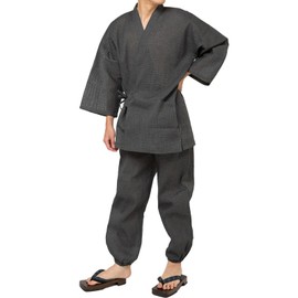 Y's factory Jinbei Men's Work Clothes, Shijira Woven Top and Bottom Set, Plain, 100% Cotton, Summer Room Wear, Kimono, Cool, grey summer