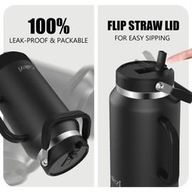 Cafezi 64oz Stainless Steel Water Bottle with Flip Straw - Leak-Proof, Sweat-Free, Top and Side Handle, Anti-Slip Base, Iced for 34 Hours, Dishwasher Safe - Water Jug for Sports Events, Beach Days