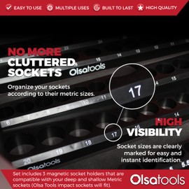Olsa Tools Magnetic Socket Organizer | 3 Piece Socket Holder Kit | 1/2-Inch, 3/8-Inch, & 1/4-Inch Drive | Metric Black | Holds 75 Sockets | Professional-Grade