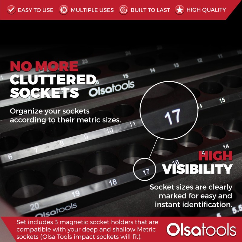 Olsa Tools Magnetic Socket Organizer | 3 Piece Socket Holder