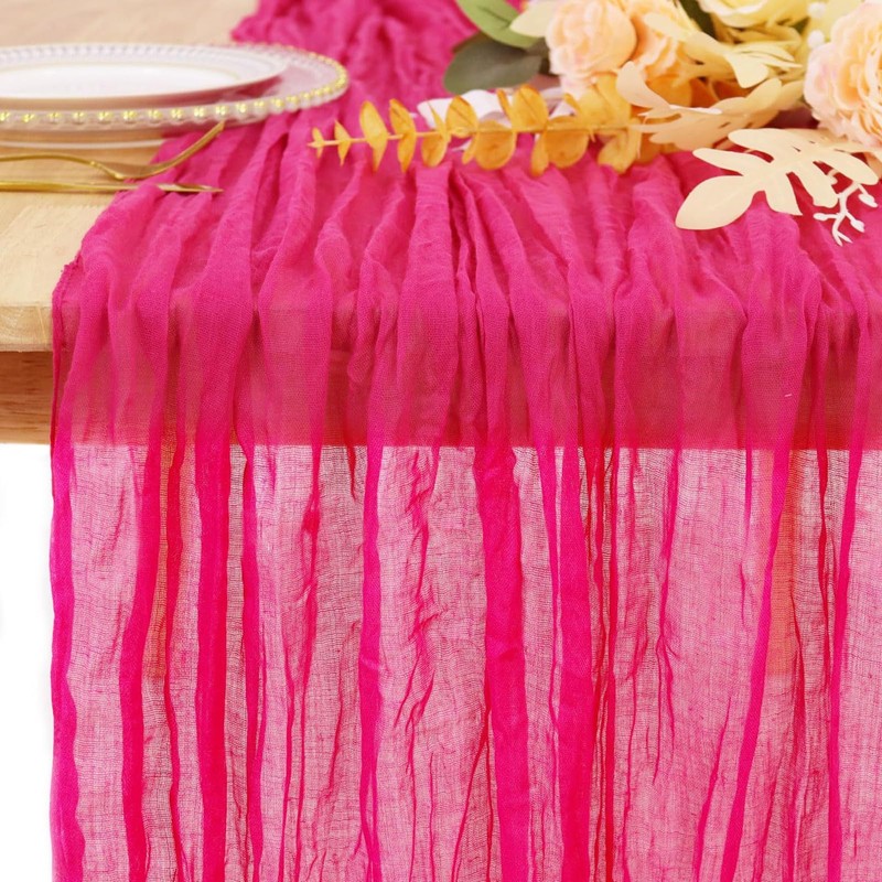 LEBKFT Boho Cheesecloth Table Runner Fuchsia, Long Rustic Sheer Gauze