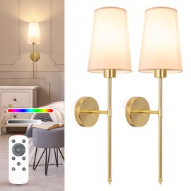 NIORSUN Gold Battery Operated Wall Sconce Set of 2,Rechargeable Wall Lights with 5200mAh Dimmable Detachable Bulbs and Remote,9 Colors Wireless Sconces for Bedroom Living Room Hallway