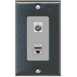 RiteAV - 1 Port Coax Port Cable TV F Type - 1 Port Cat5e Ethernet Decorative Wall Plate - Stainless Steel/Gray - Bracket Included