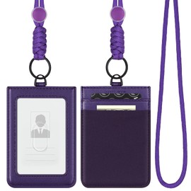 VULKIT ID Badge Holder with Lanyard for Women and Men Vertical Leather Badge Holder with Clear ID Window Card Holder Slot and Money Pocket