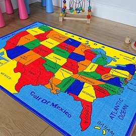 CR Kids/Baby Room/Daycare/Classroom/Playroom Area Rug. Educational. Fun. USA Map. Fifty States. Oceans. North America. Non-Slip Gel Back. (3 Feet X 5 Feet)