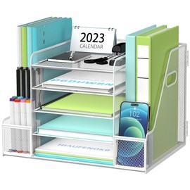 SUPEASY Mesh Desk Organizer with File Holder, 5-Tier Paper Letter Tray Organizer with Magazine Holder, Desktop Organizer and Storage for Office Supplies Home or School, White