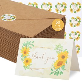 50 Pieces Sunflower Thank You Cards with Kraft Envelopes & Stickers 4x6 Inch Minimalistic Design Bulk Thank You Note Spring Summer Flower Blank Note Cards for Graduation,Baby Shower, Wedding,Bridal ,Birthday,Party
