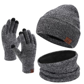 Bequemer Laden Men Women Winter Warm Beanie Hat Scarf Touchscreen Work Gloves Knit Set Neck Warmer with Fleece Gifts for Men and Women