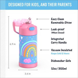 THERMOS FUNTAINER - Botella de agua con pajita - 12 onzas - Botella de agua aislada al aspiradora para niños con tapa, Rainbow Dreams