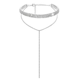 Yamberdoly Choker Necklace for Women Silver Choker Long Tassel Diamond Tennis Necklace 3 rows