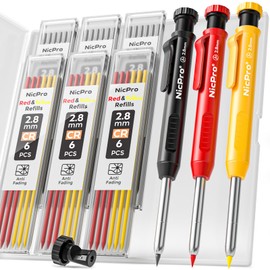 Nicpro 3 Pack Carpenter Pencil with Sharpener, Mechanical Carpenter Pencils with 39 Refills, Deep Hole Marker Construction Heavy Duty Woodworking Pencils for Architect (Red, Black, Yellow)- With Case