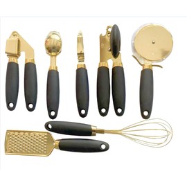 White & Gold Kitchen Tools and Gadgets - Luxe 7PC Cooking Tools and Gadgets with Anti-Slip Handles, Utensils Set, Gold Kitchen Accessories,Premium Kitchen Gadget Set (Champagne gold & black)