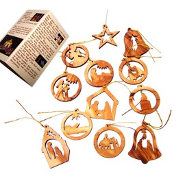 Olive Wood Ornaments - Mix (Set of 12 Flat Ornaments).