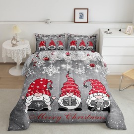 Erosebridal Christmas Gnomes Comforter Set, Xmas Theme Down Comforter for Kids Boys Girls Teens Adult, Santa Claus Snowflake Bell Quilt Merry Christmas Bedding Set with 1 Pillow Case, Grey, Twin