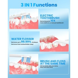 Electric Toothbrush with Water flosser, 3 in 1 Teeth Cleaning Kit with 7 Modes, Electric Toothbrush and flosser Combofor Adults, Water Flosser Portable for Travel and Home (White)