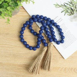 Meplait 39in Wood Bead Garland Farmhouse with Tassels,Versatile Prayer Beads Boho Chic Wall Hanging Home Decor (Navy Blue)