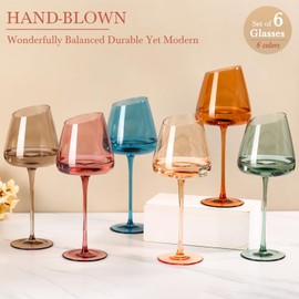 Slanted Colored Wine Glasses 18 oz (Pack of 6) - Hand-blown Crystal Wine Glasses, Perfect for Home Party and Wedding Reception Gifts - Multi-color Glassware Collection (Multicolor)