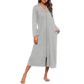 Ekouaer Women Zipper Robe Long Sleeve Loungewear Lightweight Housecoat Full Length Nightgown with Pockets (Gray, Medium)