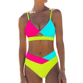 Sexybody Women' s Neon Color Block Bikini V Cut Two Piece Swimsuits High Waisted Cut Out V Neck Bathing Suit Crisscross Back