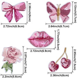 Mxxipp 5pcs Pink Iron on Patches for Women, Sew on Butterfly Bow Embroidered Applique, Vintage Lip Cherry Rose Repair Patch for Clothes Hats Backpacks Jeans Jackets Decor