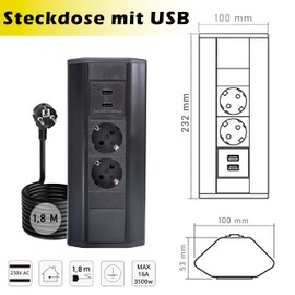 Premium Corner Socket for Kitchen, Office Made of Aluminium Multiple Socket with 1.8 m Schuko Cable Also as Furniture Socket. Socket Strip Ideal for Worktops as a Surface Socket