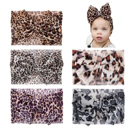Nishine 5PCS Baby Girls Soft Wide Leopard Hair Turban Head Wraps Kids Stretchy Knotted Bows Headband for Children Hair Accessories Infant Headwraps