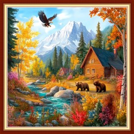 Joyhoor Cross Stitch Kits for Beginners Stamped Cross-Stitch Supplies Needlework preprint Embroidery Kits for Adults DIY Needlepoint Kits Embroidery Patterns 11CT-Brown Bear Landscape 18x18 inchs