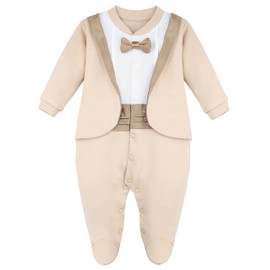 Lilax Baby Boy Gentleman Tuxedo Footie Christmas Holiday Outfit with Bow Tie (3 Months, Beige)