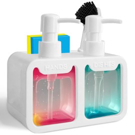 4-in-1 Kitchen Soap Dispenser Set - Dual Hand & Dish Soap Dispenser with Sponge Caddy & Brush Holder - Kitchen Sink Organizer for Countertop (Whtie)